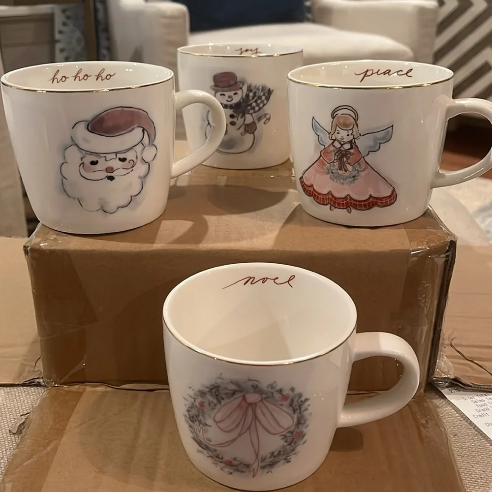 Set of Four Creative Co-op 12oz. Snowman, Angel, Wreath & Santa Mugs/NWT